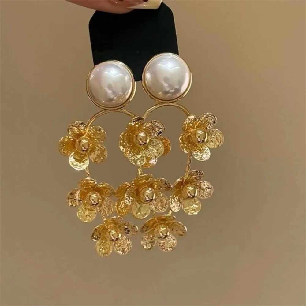 Golden‎ Garden Floral Drop Earrings with Faux Pearl Studs – Soft Romantic Style